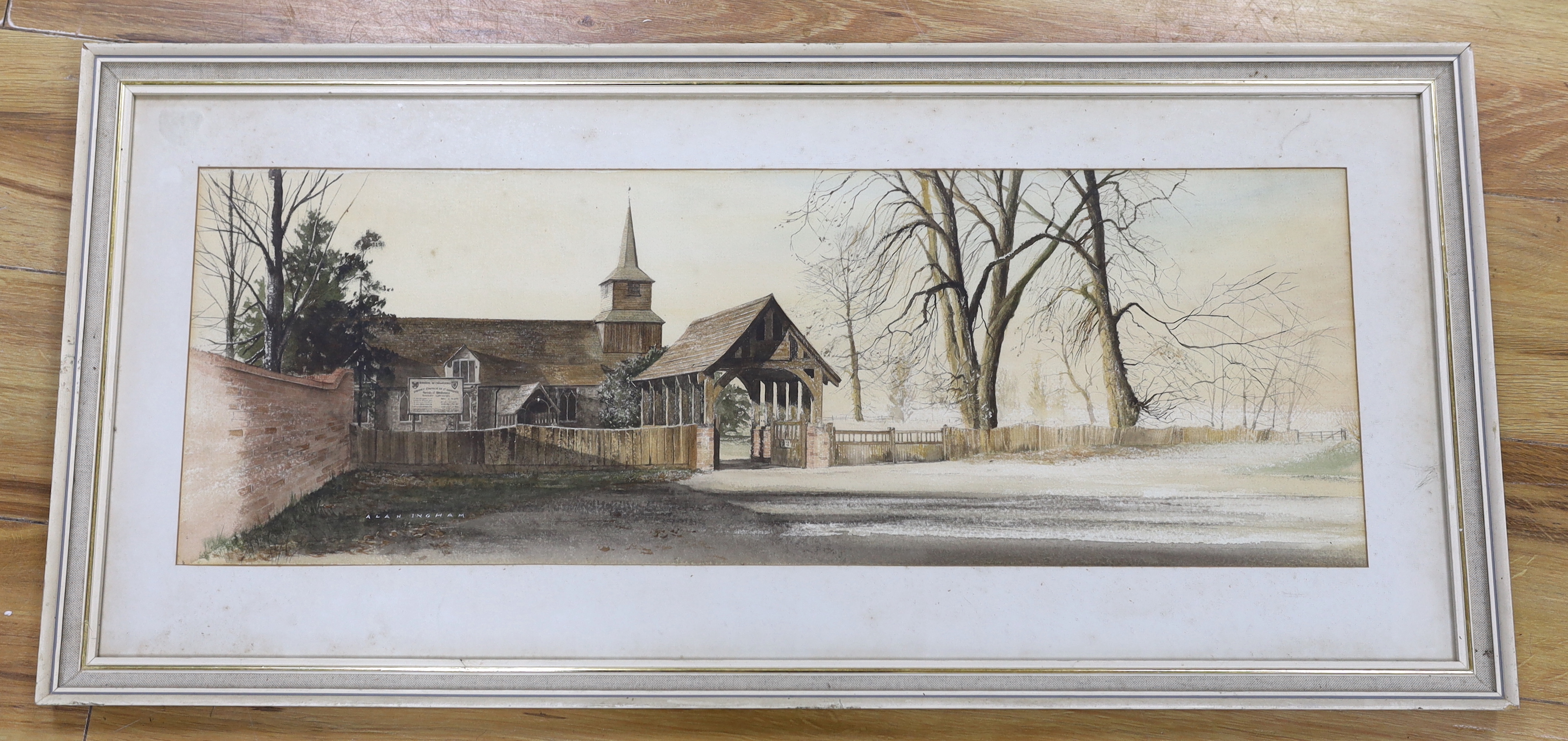 Alan Ingham (1932-2002), watercolour, ‘Blackmore Church, Essex’, signed, 25 x 73cm